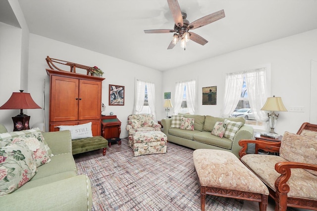 living room featuring ceiling fan