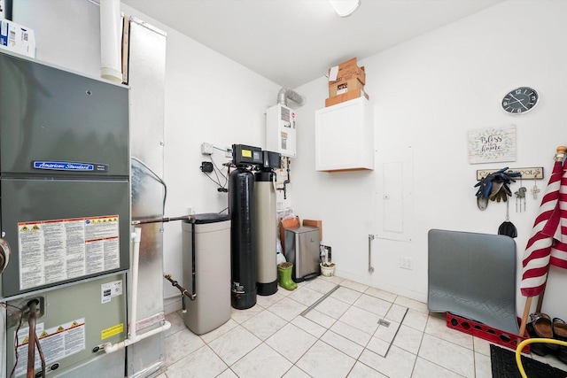 utility room featuring tankless water heater and heating unit