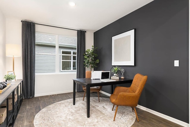 office space featuring dark wood-type flooring