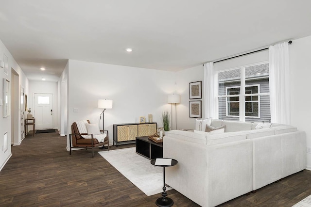 living room with dark wood-type flooring