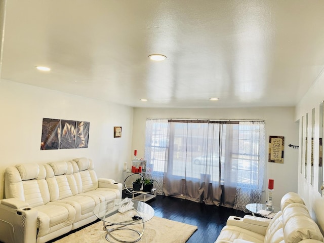 living room featuring dark wood-type flooring and recessed lighting