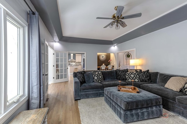 living room featuring a ceiling fan, wood finished floors, and a healthy amount of sunlight