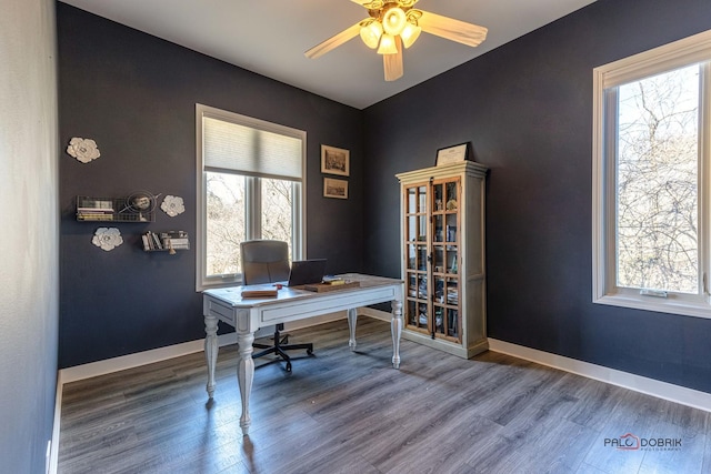 office space with plenty of natural light, wood finished floors, and baseboards