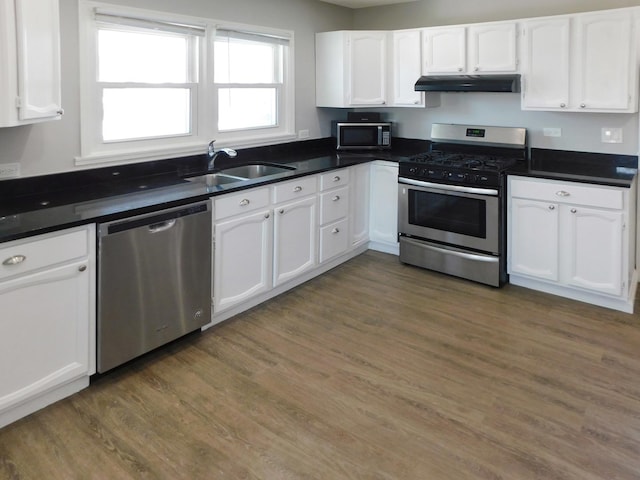 kitchen featuring white cabinetry, appliances with stainless steel finishes, sink, and dark wood-type flooring