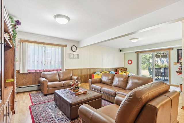 living room with light wood-type flooring, wooden walls, beamed ceiling, and baseboard heating