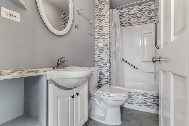 full bathroom featuring toilet, vanity, shower / tub combo with curtain, and tile patterned floors