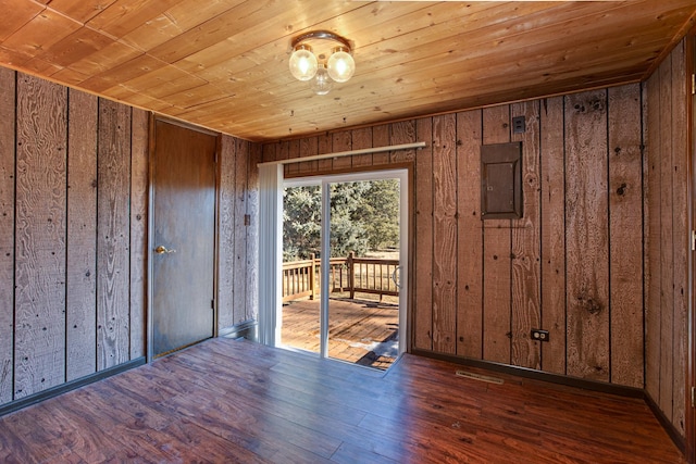 interior space with wooden ceiling, wood finished floors, and electric panel