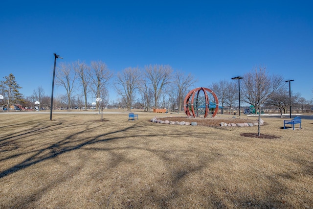 community jungle gym with a yard