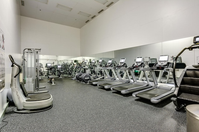 workout area featuring a towering ceiling