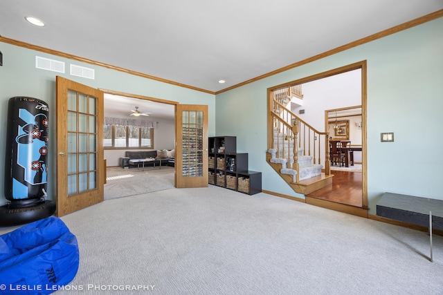 15022 S Woodcrest Ave, Homer Glen, IL 60491 - living room featuring french doors, crown molding, carpet flooring, stairs, and recessed lighting