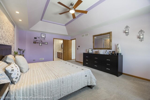 15022 S Woodcrest Ave, Homer Glen, IL 60491 - bedroom with a tray ceiling, light carpet, recessed lighting, and a ceiling fan