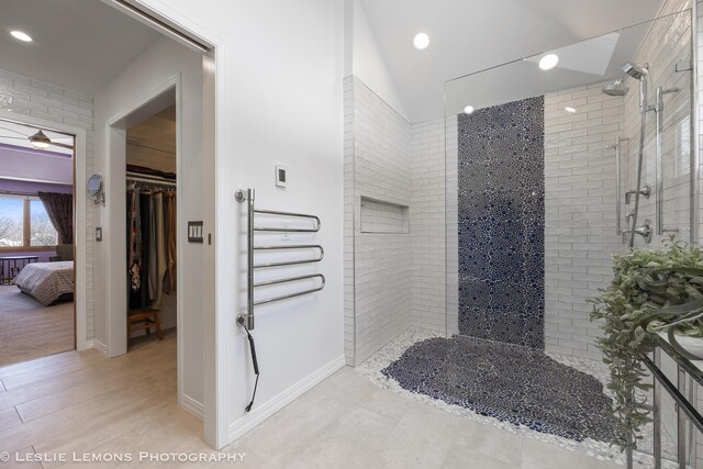 15022 S Woodcrest Ave, Homer Glen, IL 60491 - ensuite bathroom with walk in shower, recessed lighting, a walk in closet, lofted ceiling, and ceiling fan