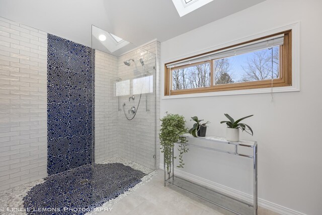 15022 S Woodcrest Ave, Homer Glen, IL 60491 - bathroom featuring a skylight, a walk in shower, and tile patterned flooring