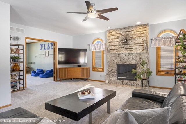 15022 S Woodcrest Ave, Homer Glen, IL 60491 - carpeted living room featuring ceiling fan, a premium fireplace, and recessed lighting