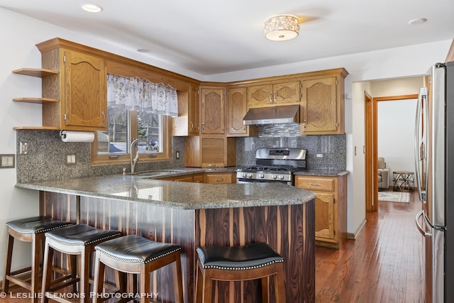 kitchen with dark hardwood / wood-style floors, range hood, sink, kitchen peninsula, and stainless steel appliances