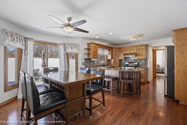 15022 S Woodcrest Ave, Homer Glen, IL 60491 - dining area with a ceiling fan, dark wood finished floors, and recessed lighting