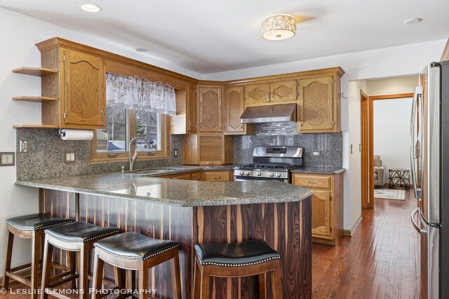 15022 S Woodcrest Ave, Homer Glen, IL 60491 - kitchen with stainless steel appliances, range hood, a peninsula, dark wood-style floors, and decorative backsplash
