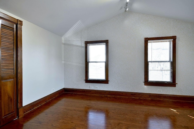 interior space with lofted ceiling, plenty of natural light, and wood finished floors