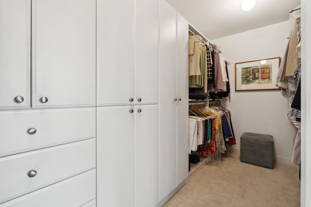 walk in closet featuring light colored carpet