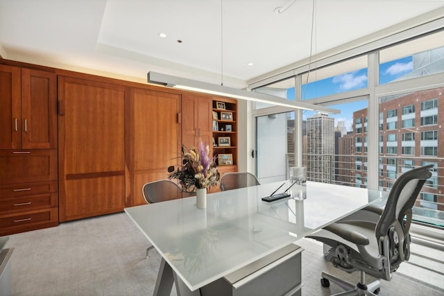 carpeted home office with expansive windows