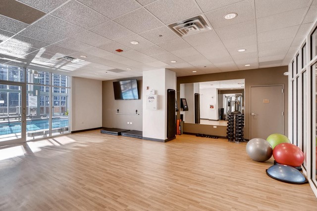 exercise room with wood-type flooring, a drop ceiling, and a wall of windows