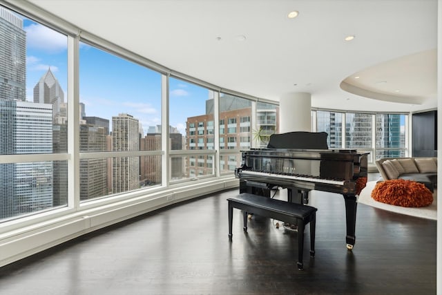 living area with expansive windows and dark hardwood / wood-style floors