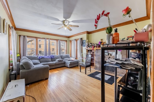 living room with ornamental molding, ceiling fan, and light wood-type flooring