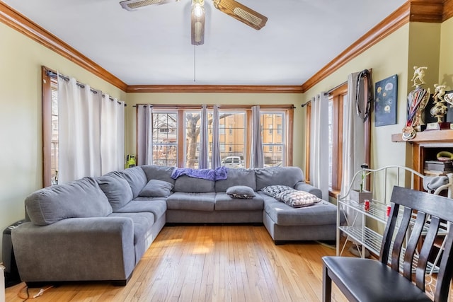 living room with crown molding, ceiling fan, and light wood-type flooring