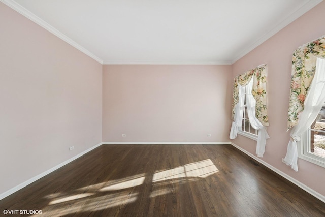 empty room with crown molding and dark wood-type flooring