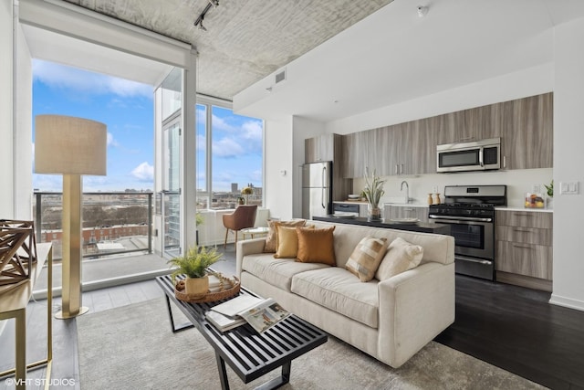 living room with wood-type flooring and expansive windows