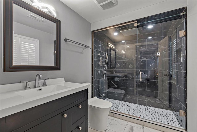 bathroom with visible vents, toilet, marble finish floor, vanity, and a shower stall