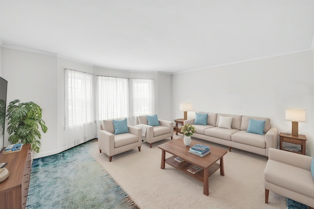 living room with crown molding and light colored carpet