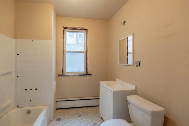 full bathroom with vanity, a baseboard heating unit,  shower combination, and toilet