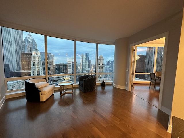 interior space with baseboards, wood finished floors, and a city view