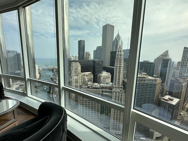 balcony with a city view and a water view