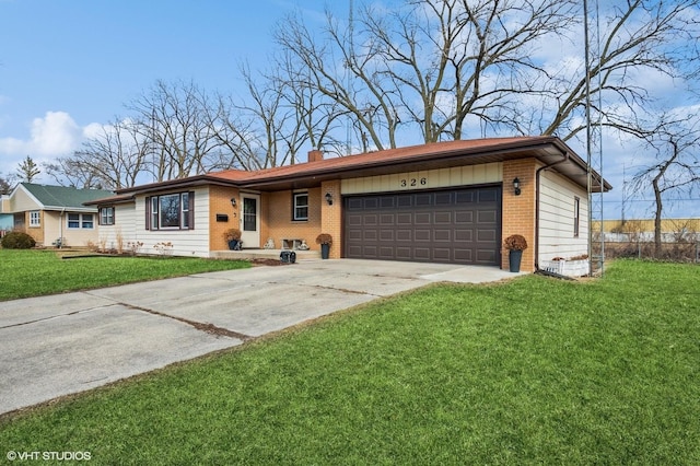 ranch-style house featuring a garage, brick siding, driveway, a chimney, and a front yard