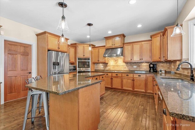 kitchen with dark wood finished floors, appliances with stainless steel finishes, a center island, under cabinet range hood, and a sink