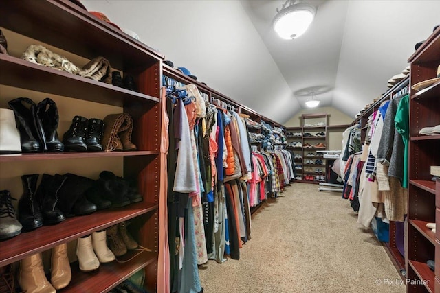 spacious closet featuring carpet and vaulted ceiling