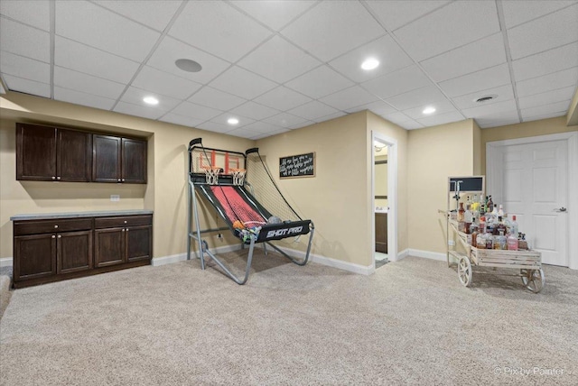 game room featuring recessed lighting, carpet flooring, a paneled ceiling, and baseboards