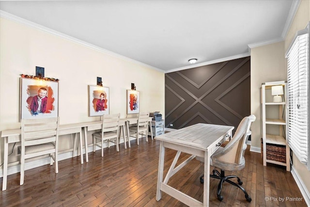 office space featuring wood-type flooring and crown molding