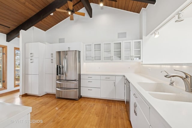 kitchen featuring a ceiling fan, a sink, appliances with stainless steel finishes, white cabinetry, and wooden ceiling