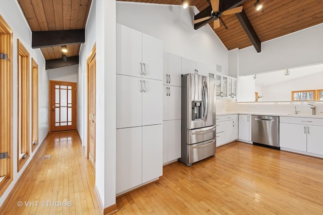 kitchen featuring light wood-style flooring, ceiling fan, a sink, stainless steel appliances, and wooden ceiling