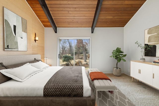 bedroom with wooden ceiling, vaulted ceiling with beams, and carpet floors