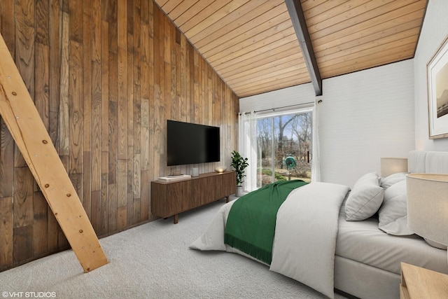 carpeted bedroom featuring lofted ceiling with beams, wood ceiling, wood walls, and access to exterior