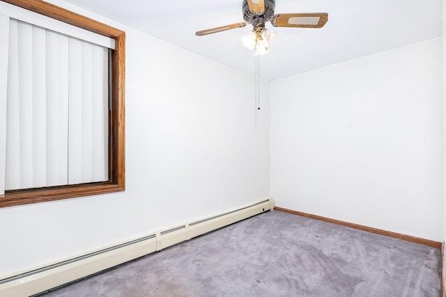 unfurnished room with a baseboard radiator, carpet flooring, and ceiling fan