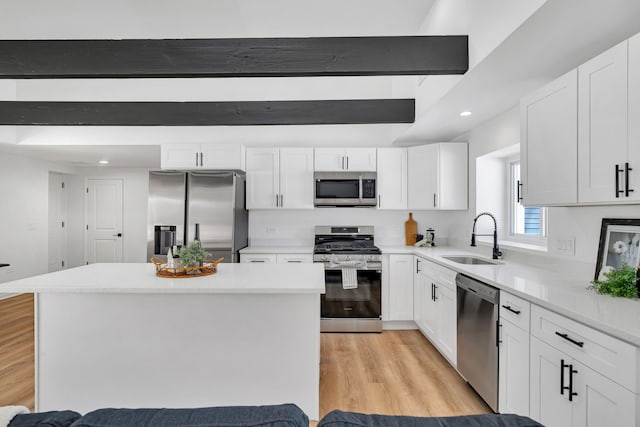 kitchen featuring white cabinetry, sink, stainless steel appliances, and a center island