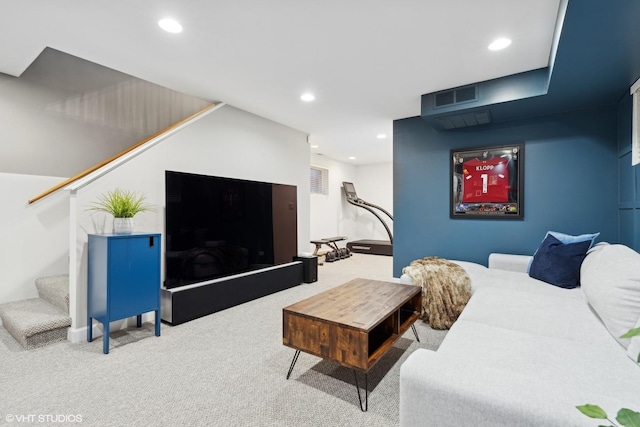 living room featuring visible vents, stairway, carpet flooring, and recessed lighting