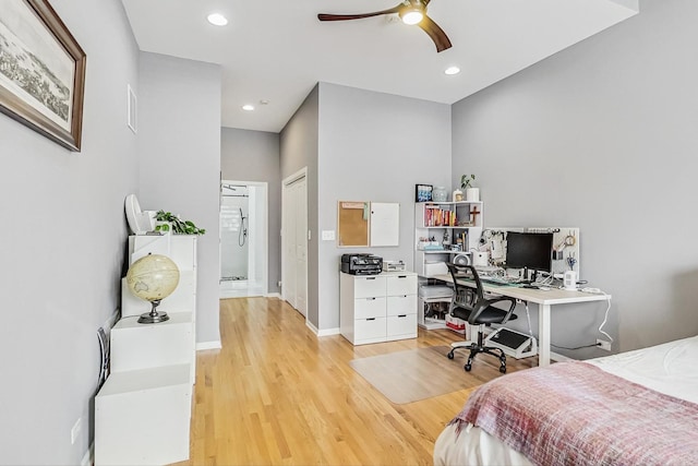 bedroom featuring baseboards, light wood finished floors, a ceiling fan, and recessed lighting