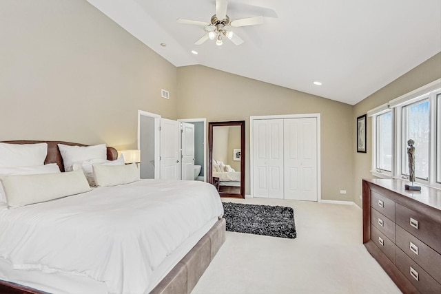 bedroom with lofted ceiling, light colored carpet, ceiling fan, and recessed lighting