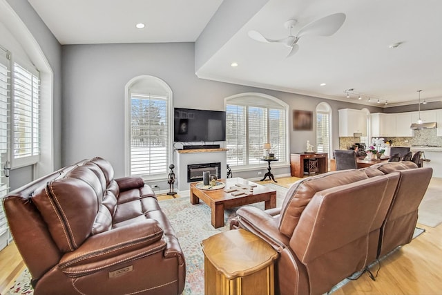 living room featuring light wood-style floors, plenty of natural light, ceiling fan, and a glass covered fireplace